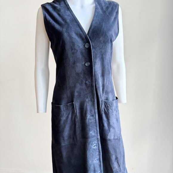 Vintage Jaeger Suede Navy Blue Button Down Midi Dres 6 - Picture 3 of 7